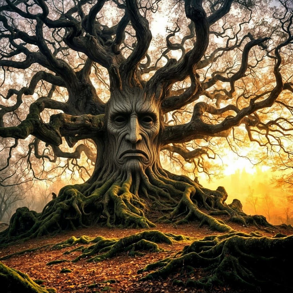 Ancient Oak Tree with Mysterious Carved Face
