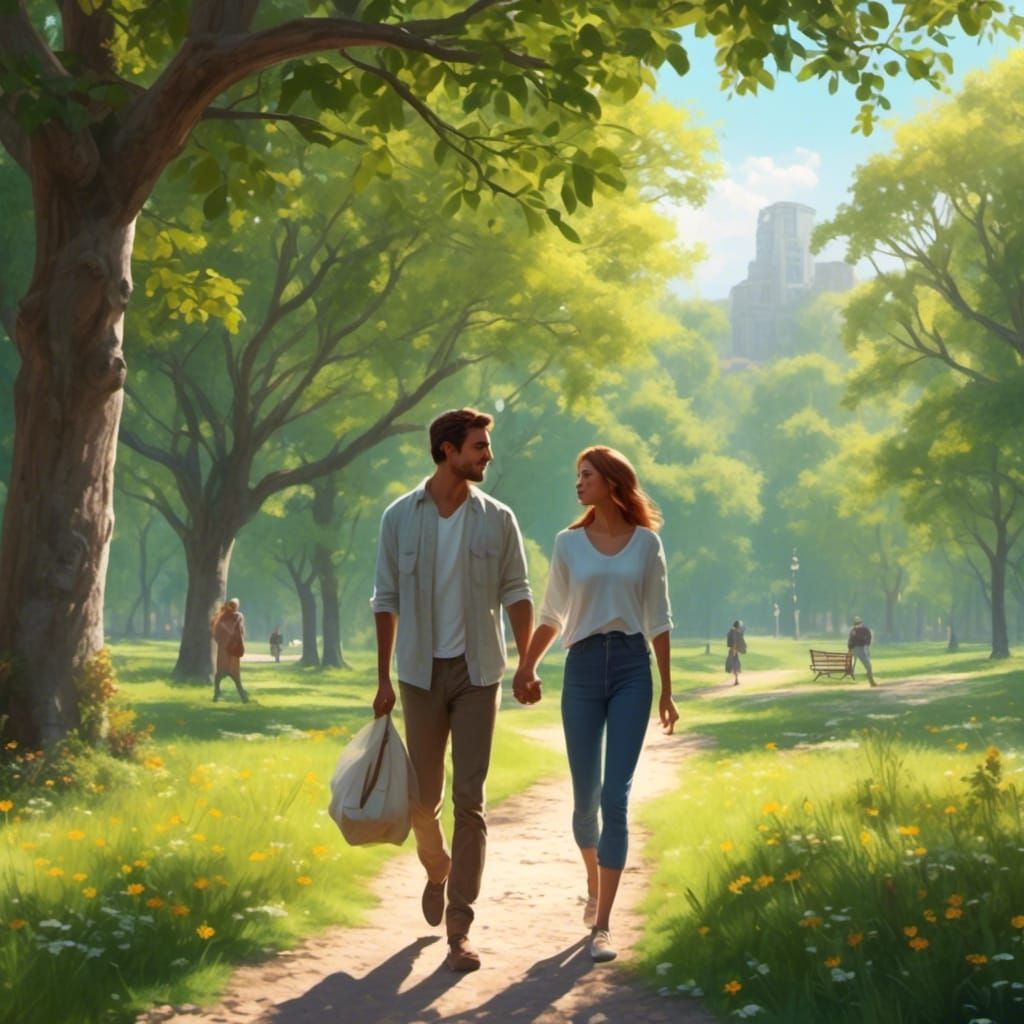 Couple Walking in Park in Realistic Digital Art