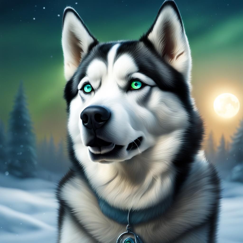 Heterochromatic Husky in Snowy Dusk: Detailed Digital Painti...