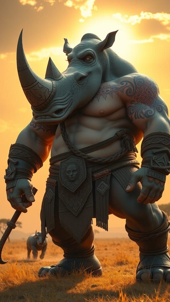 Viking-Rhinoceros Hybrid in Savanna Landscape: Digital Art