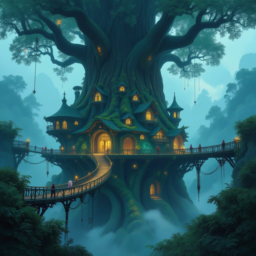 Ancient Redwood Treehouse City With Bioluminescent Glow