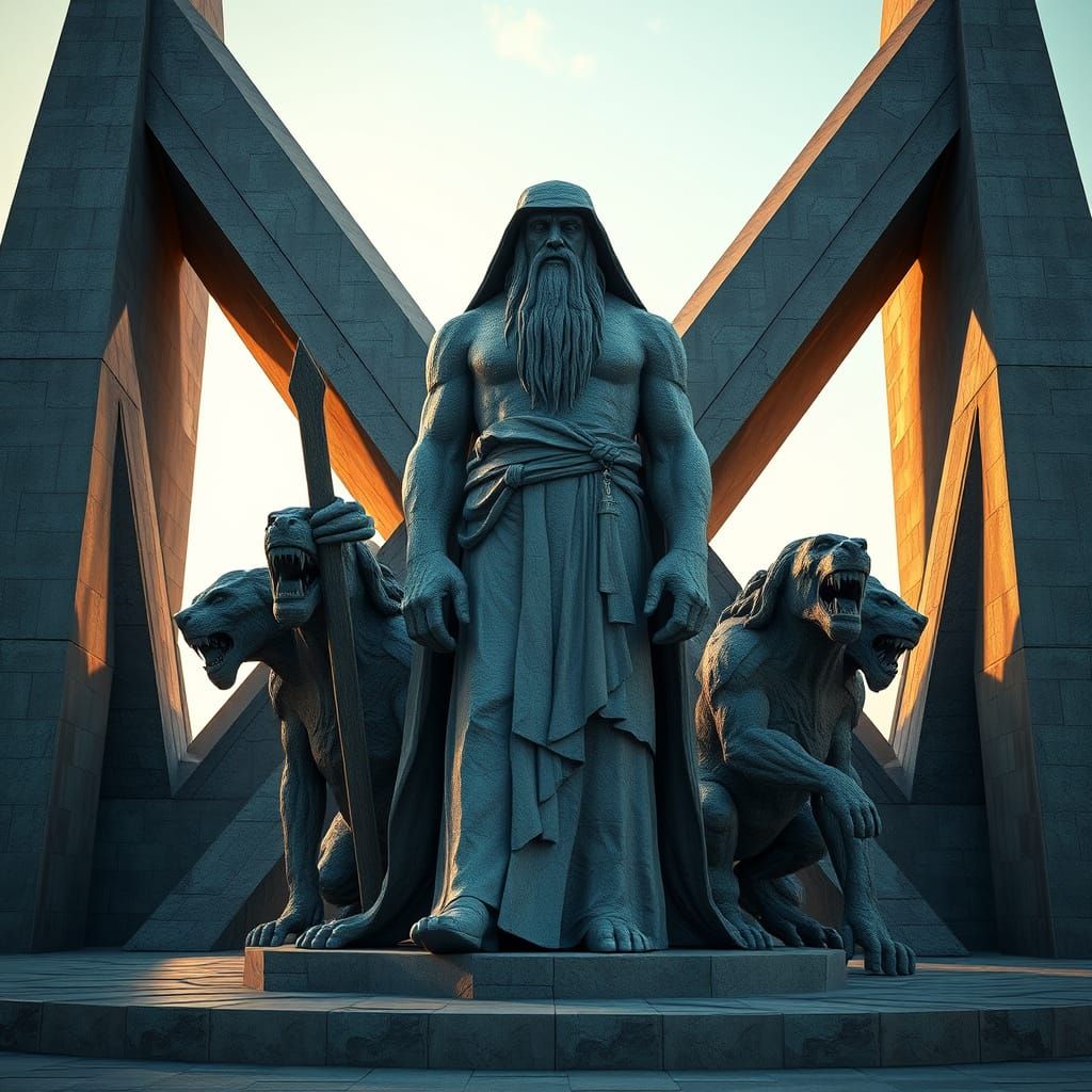 Ancient Hermit Statue in Futuristic Brutalist Style