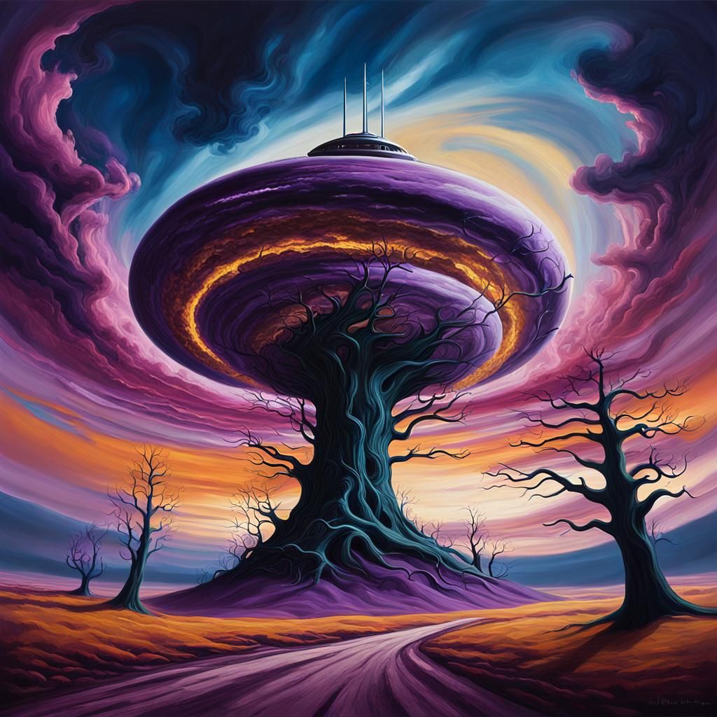 Spaceship Descends on Alien World in Surreal Style