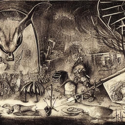 Cursed Stove: Surrealist Scene with Toads and Shadows