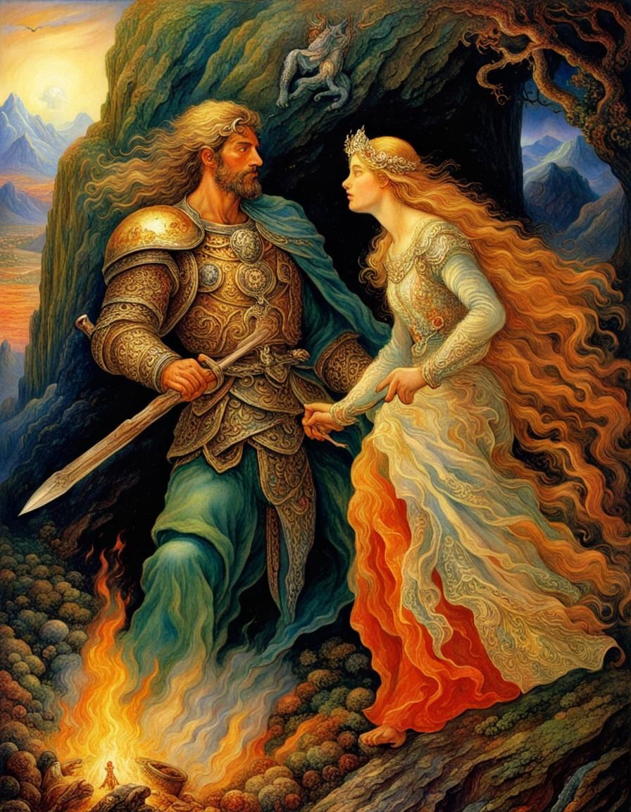 Siegfried and Brunhilde in Fiery Fantasy Landscape