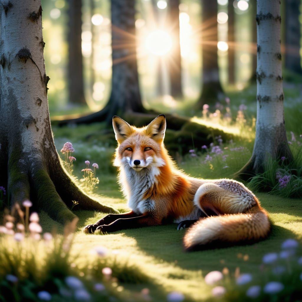 Peaceful Fox Resting in Forest Clearing