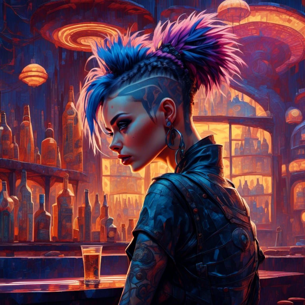 Cyberpunk Woman in Dystopian Art Deco Bar