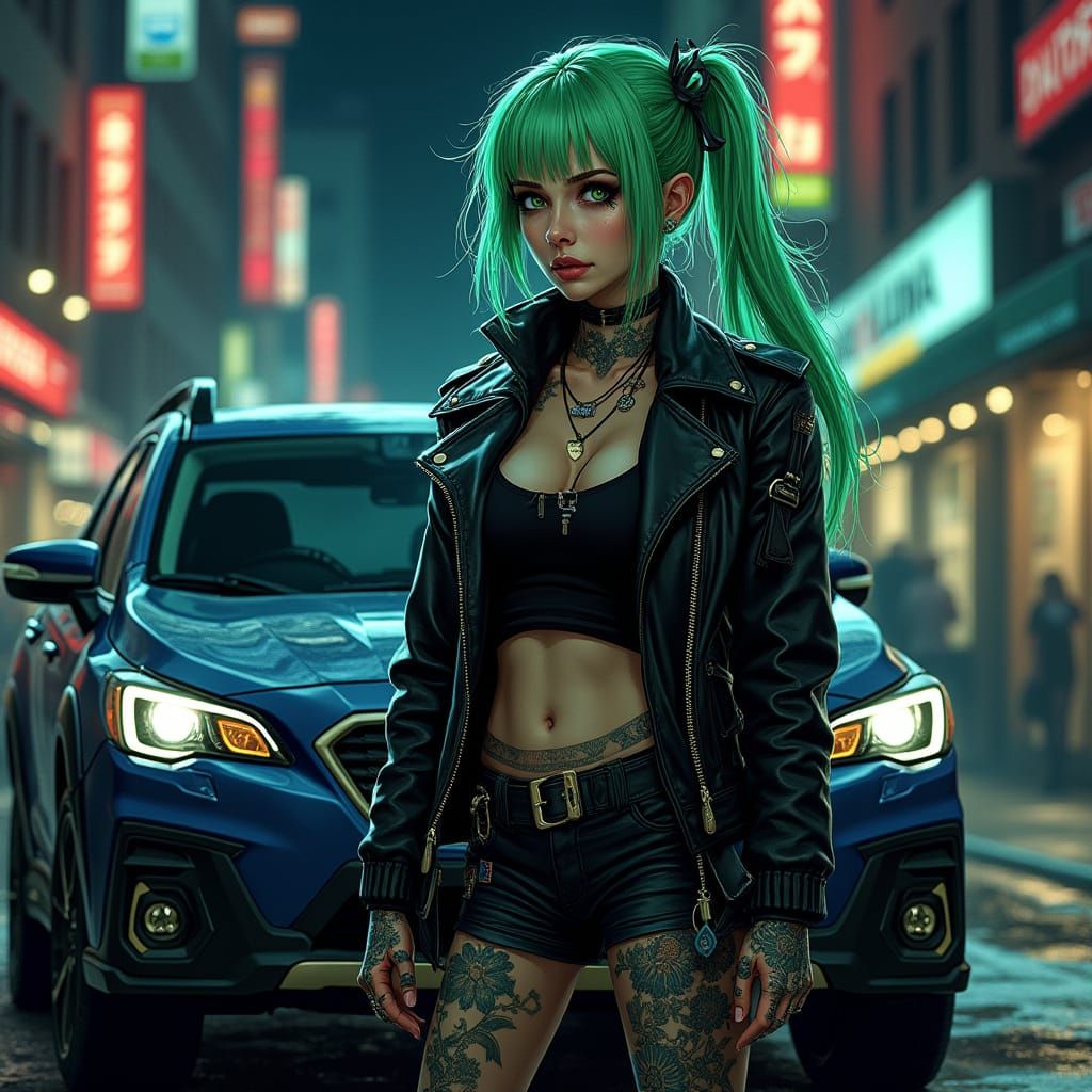 Cyberpunk Goth Girl and Gleaming Car