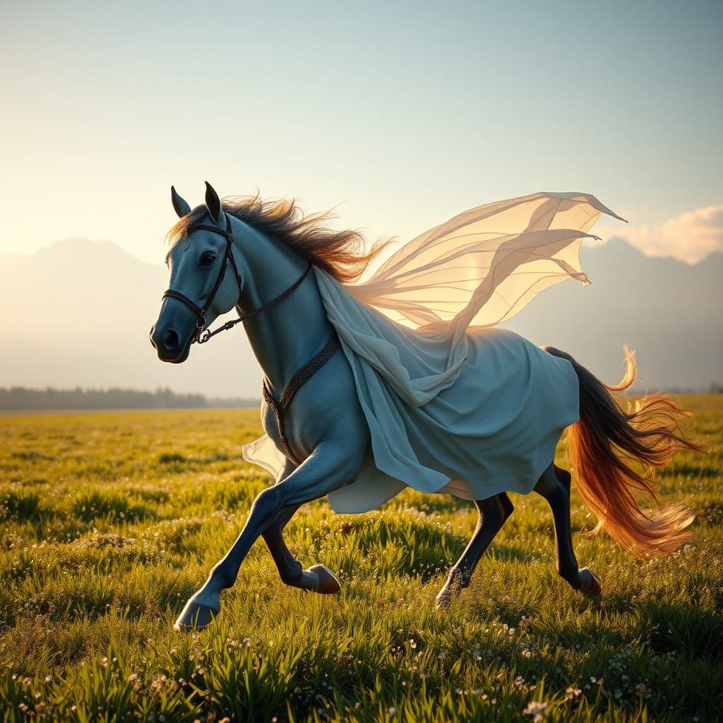 Amazon Warrior on Horseback in Grassy Field