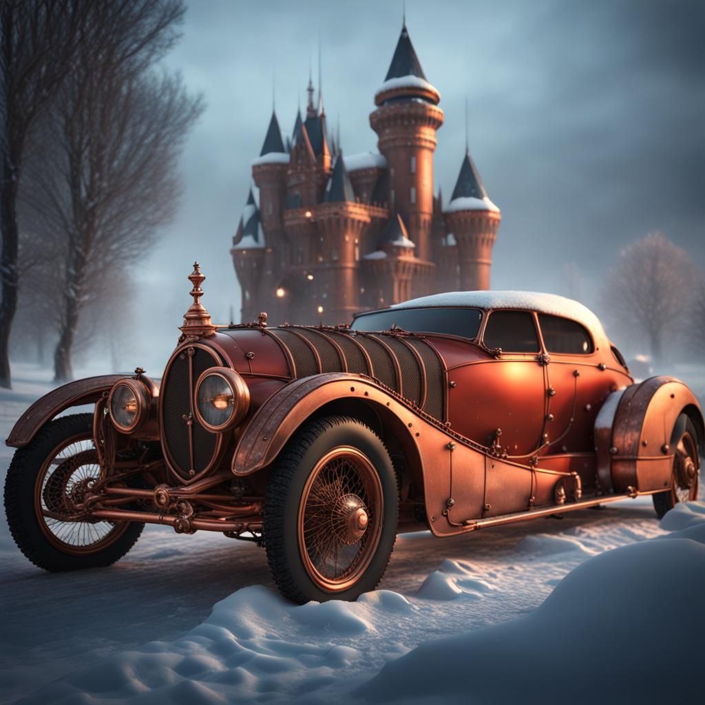 Steampunk Car in Icy Wonderland, Hyperrealistic Art