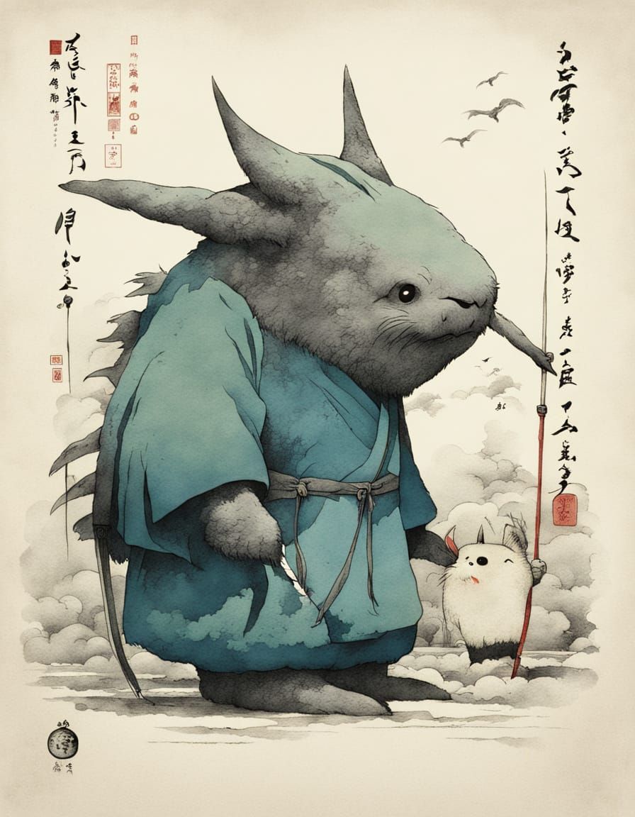 Adorable Fantasy Creature in Sumi-e Style