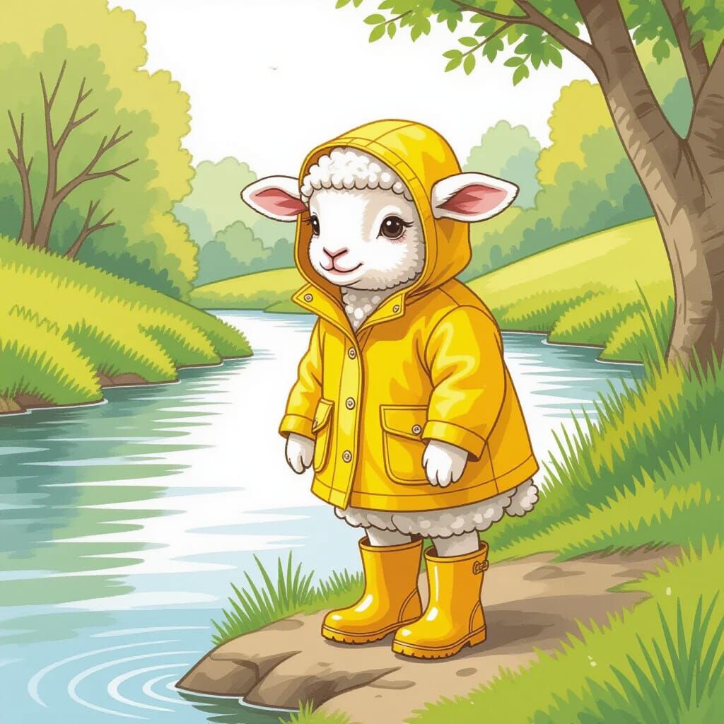 Lamb in Rain Jacket, Whimsical Illustration Style