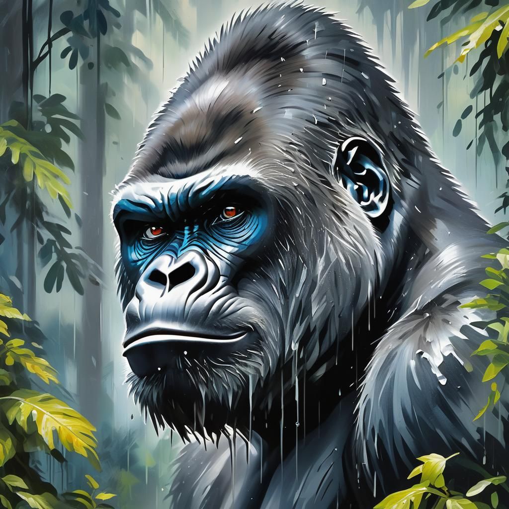 Silverback Gorilla in Misty Forest as Impasto Oil Painting