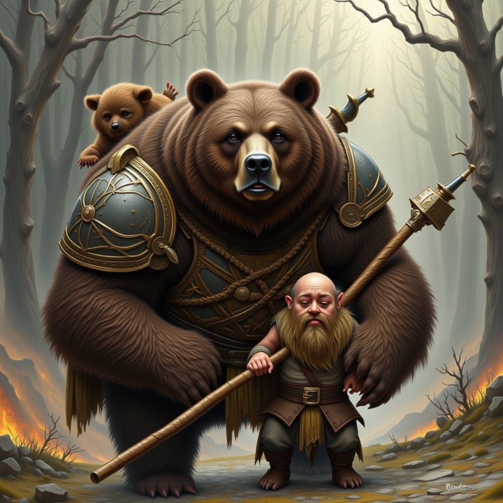 Bear Warrior Confronts Anguished Dwarf in Epic Battle