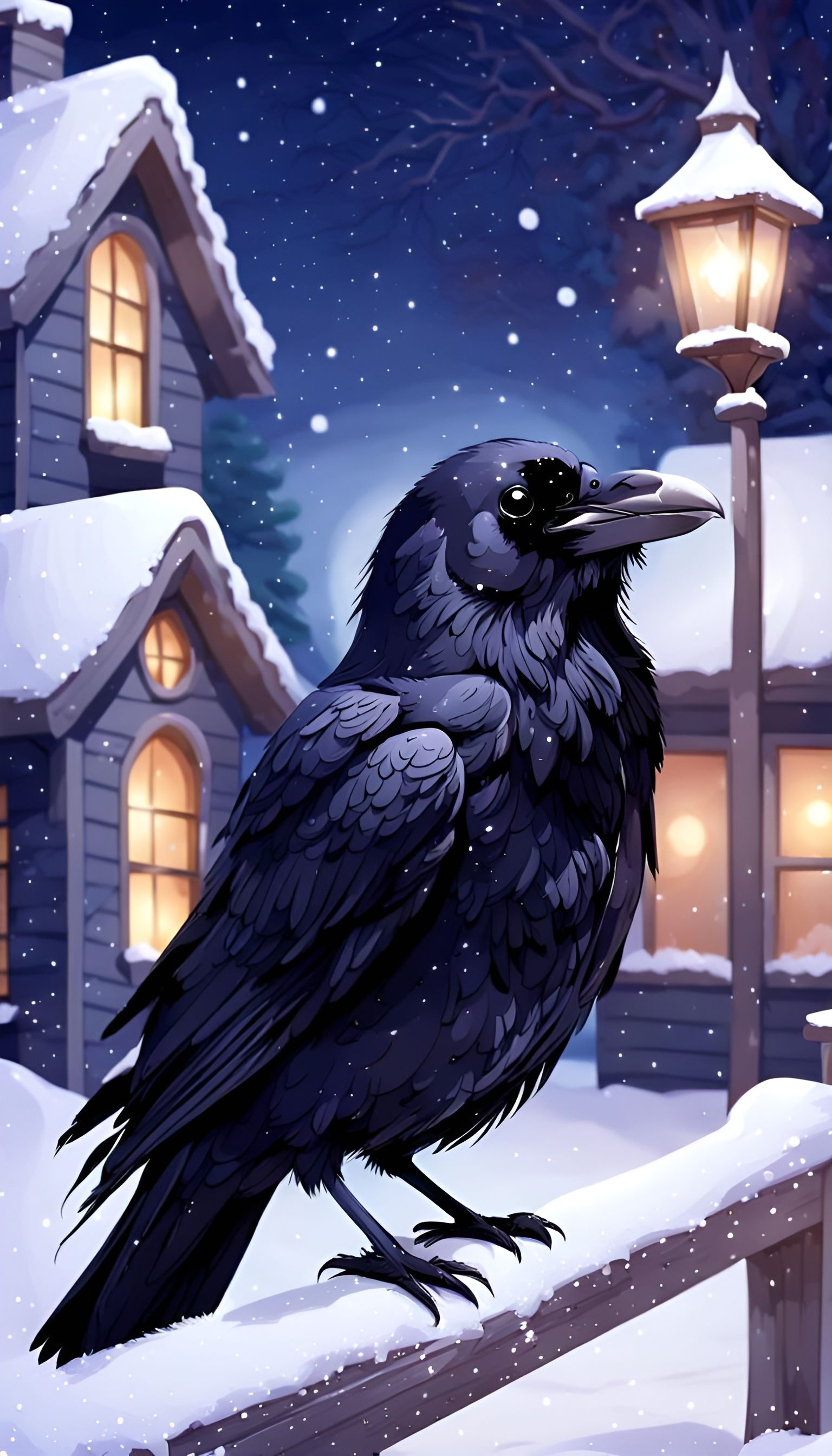 Cute Raven in Winter Snow Scene