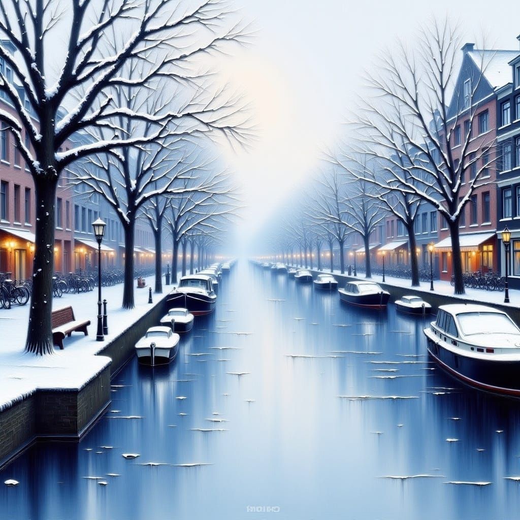 Amsterdam canal in winter frozen, snow-covered trees, misty ...