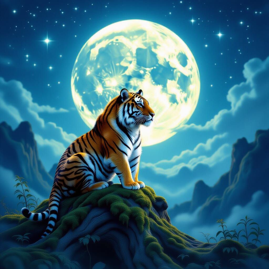 Tiger on Tree Trunk Under Surreal Moonscape