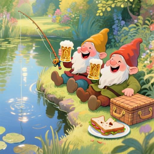 Gnomes Fishing by a Pond with Beer and Sandwiches
