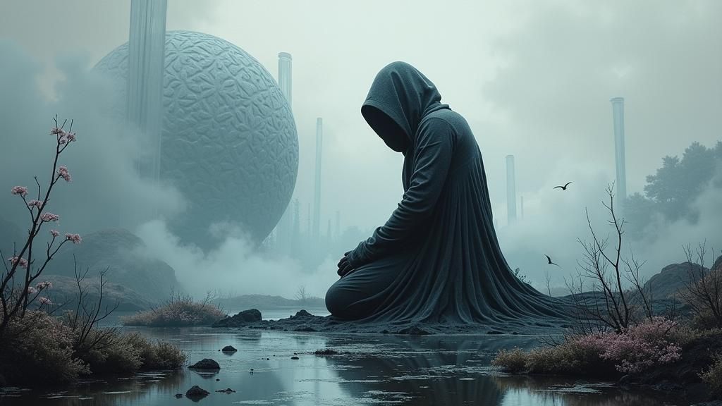 Holographic Figure in Futuristic Eden Project, Acrylic Paint...