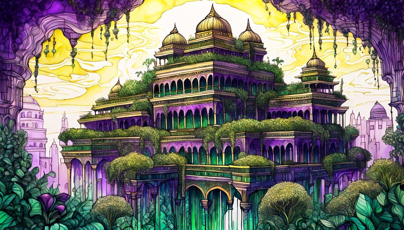 Hanging Gardens of Babylon: Ink Drawing with Lush Details