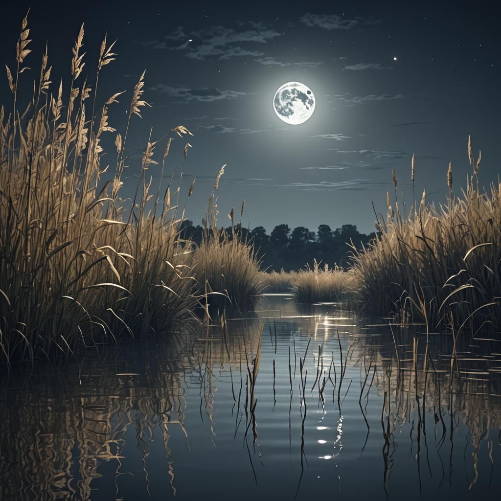 Moonlit Riverside Scene with Swaying Reeds in Digital Art