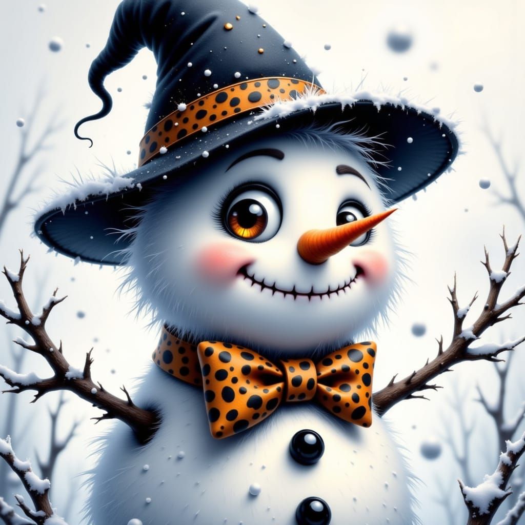 Whimsical Cartoon Snowman with Witch Hat and Leopard Print