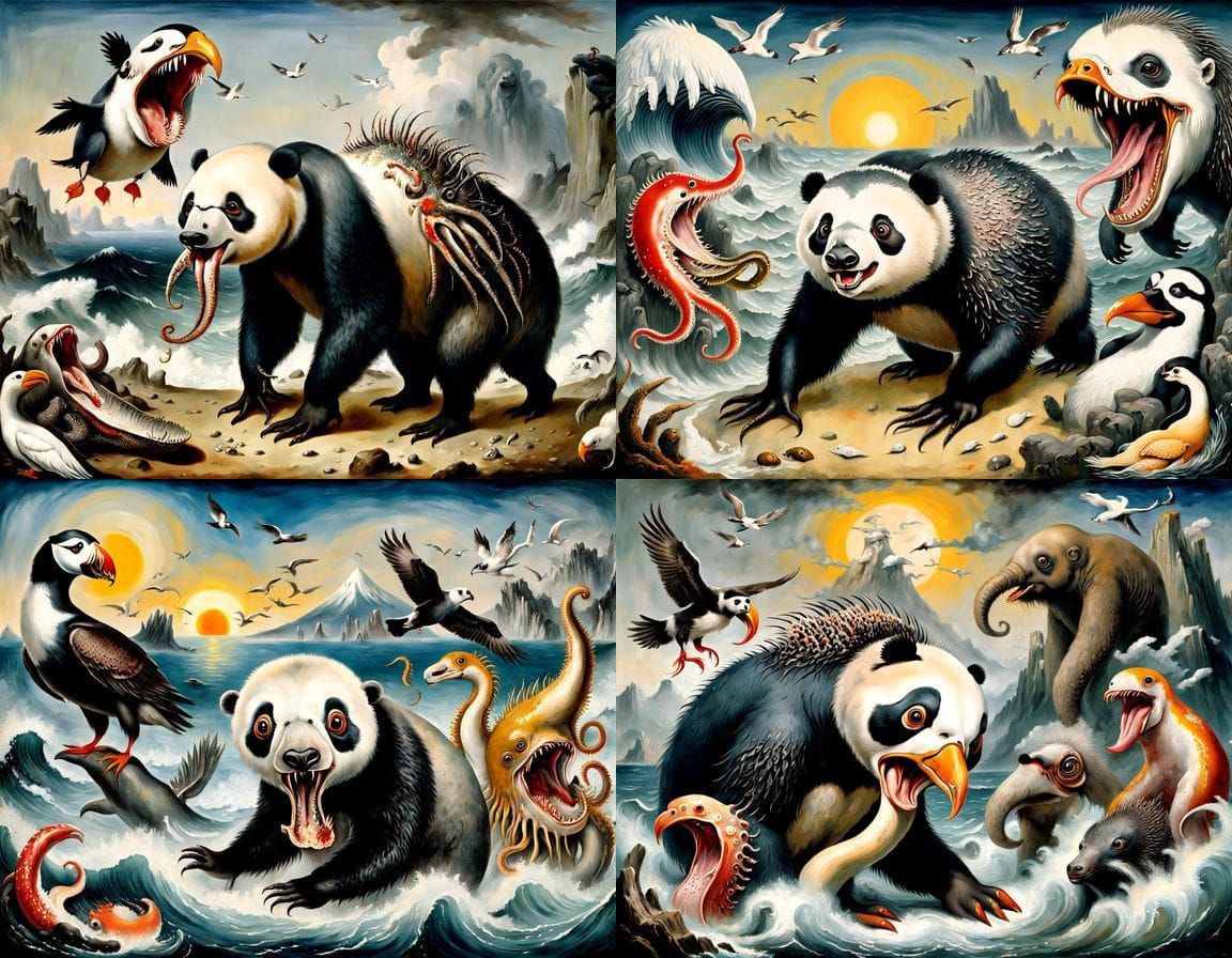 Surreal Japanese Landscape with Mutant Creatures in Romantic...