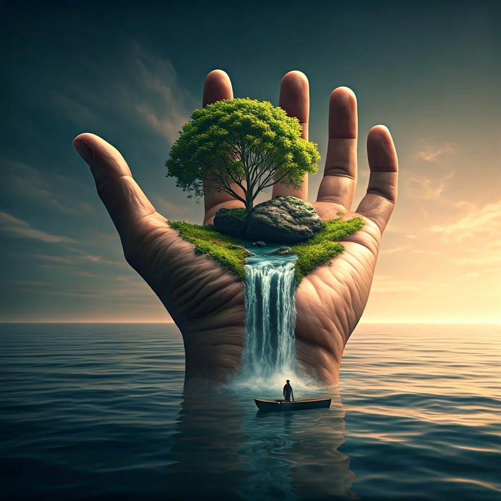 Surreal Giant Hand Ecosystem with Miniature River