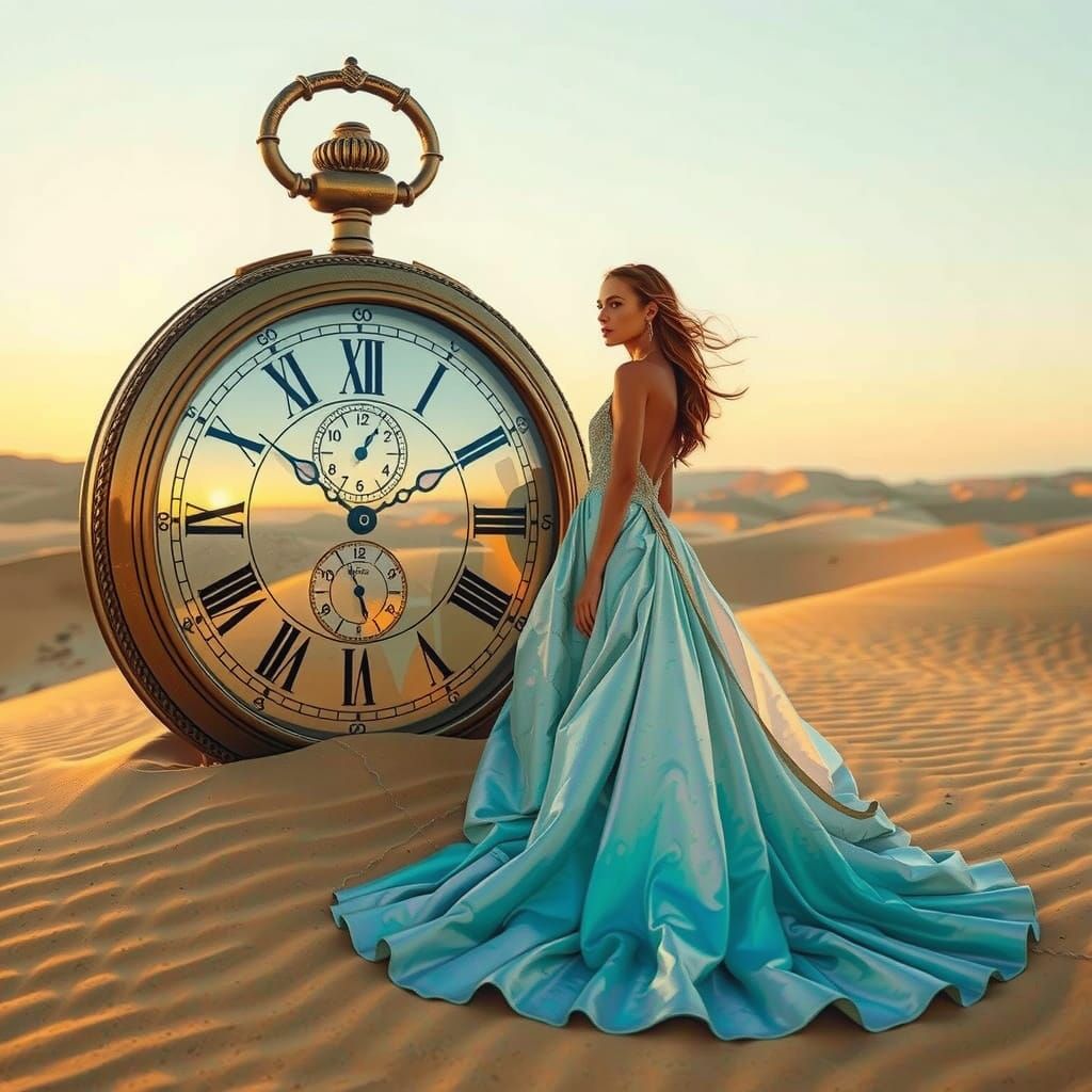 Elegant Woman and Giant Watch in Surreal Desert