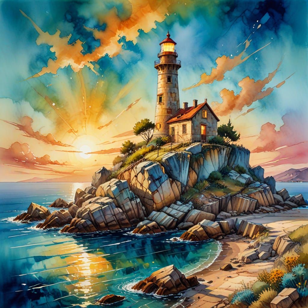 Rustic Lighthouse Holiday Home in Gouache Style