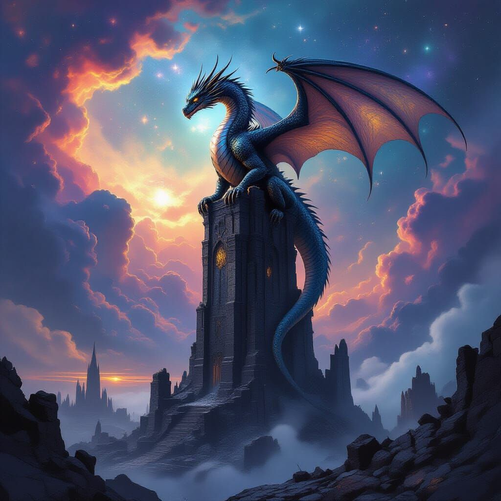 Ancient Iridescent Dragon on Obsidian Tower in Nebula