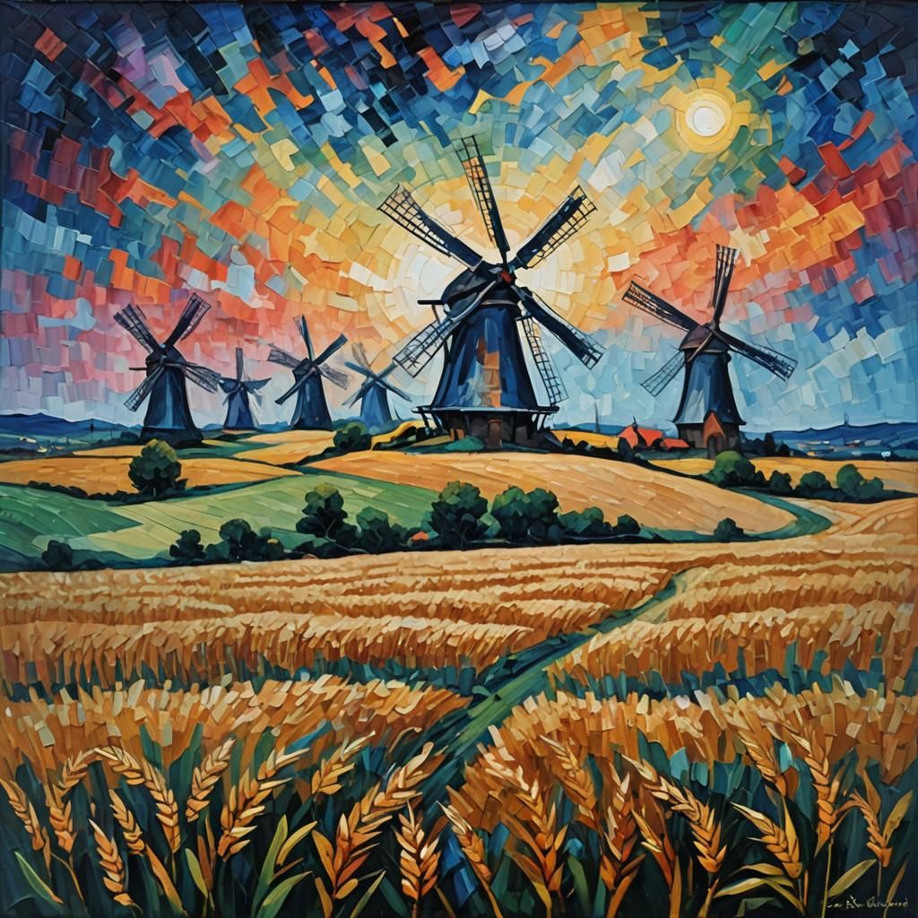 Burning Windmills: Neo-Impressionist Expressionist Oil Paint...