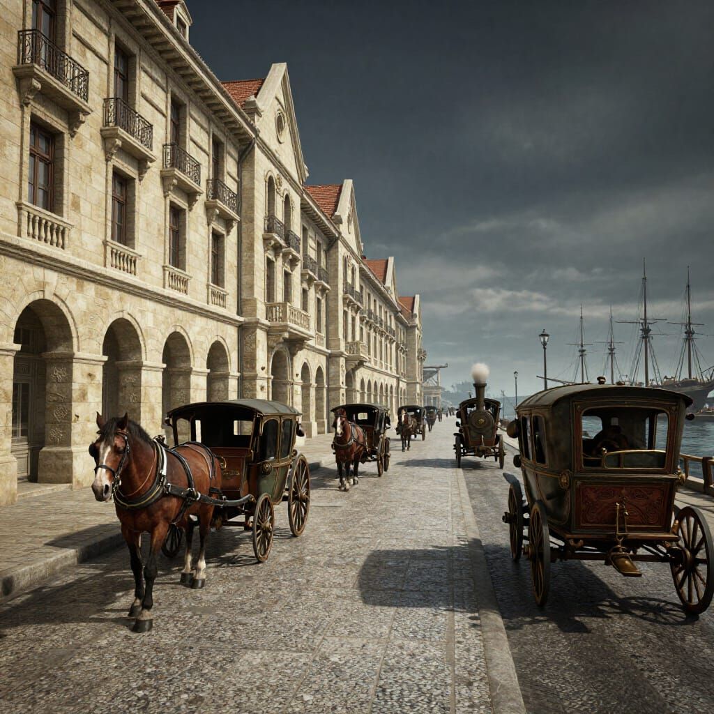 Renaissance Steampunk City with Wave Carvings