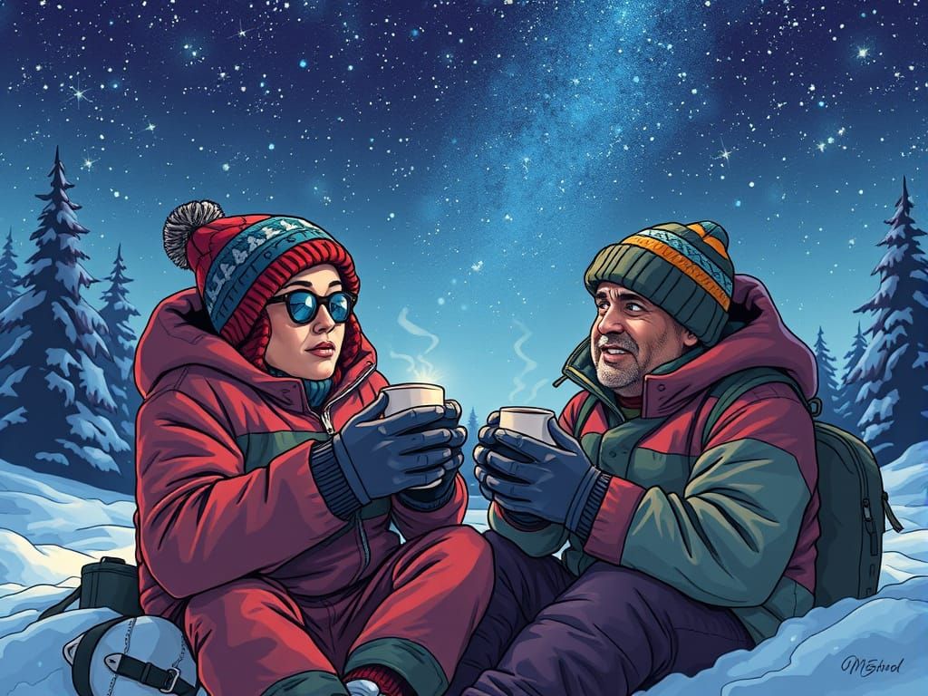 Camping Under Starry Winter Skies in Comic Book Style