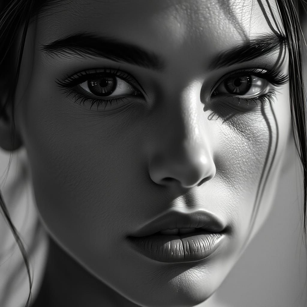 Modern Supermodel Portrait in Hyper-Realistic Black and Whit...
