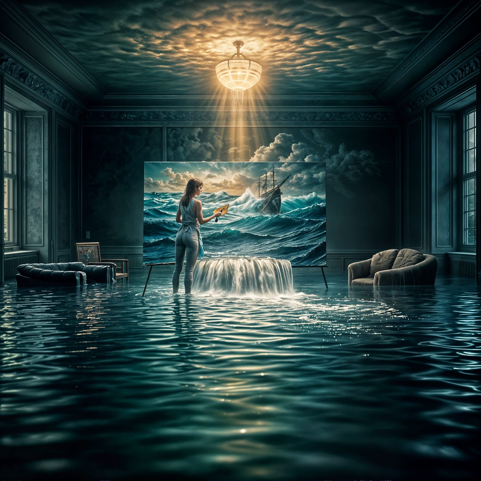 Surreal Painting Creates Flood in Moody Room