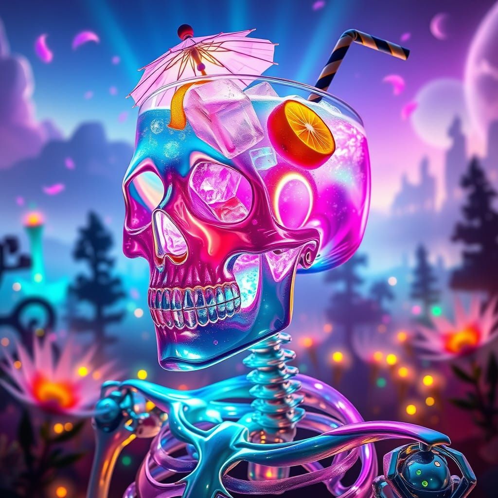 Crystal Skeleton with Bioluminescent Cocktail Skull