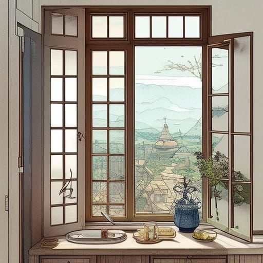 Aetherpunk Kitchen Window in Detailed Ink Drawing