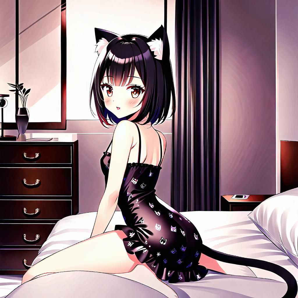 Anime Catgirl in Black Silk Dress