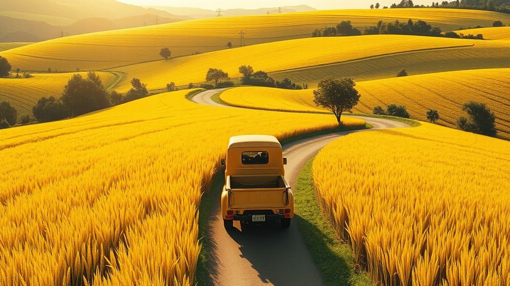 Vintage Truck Amid Golden Barley Field, Charley Harper Style