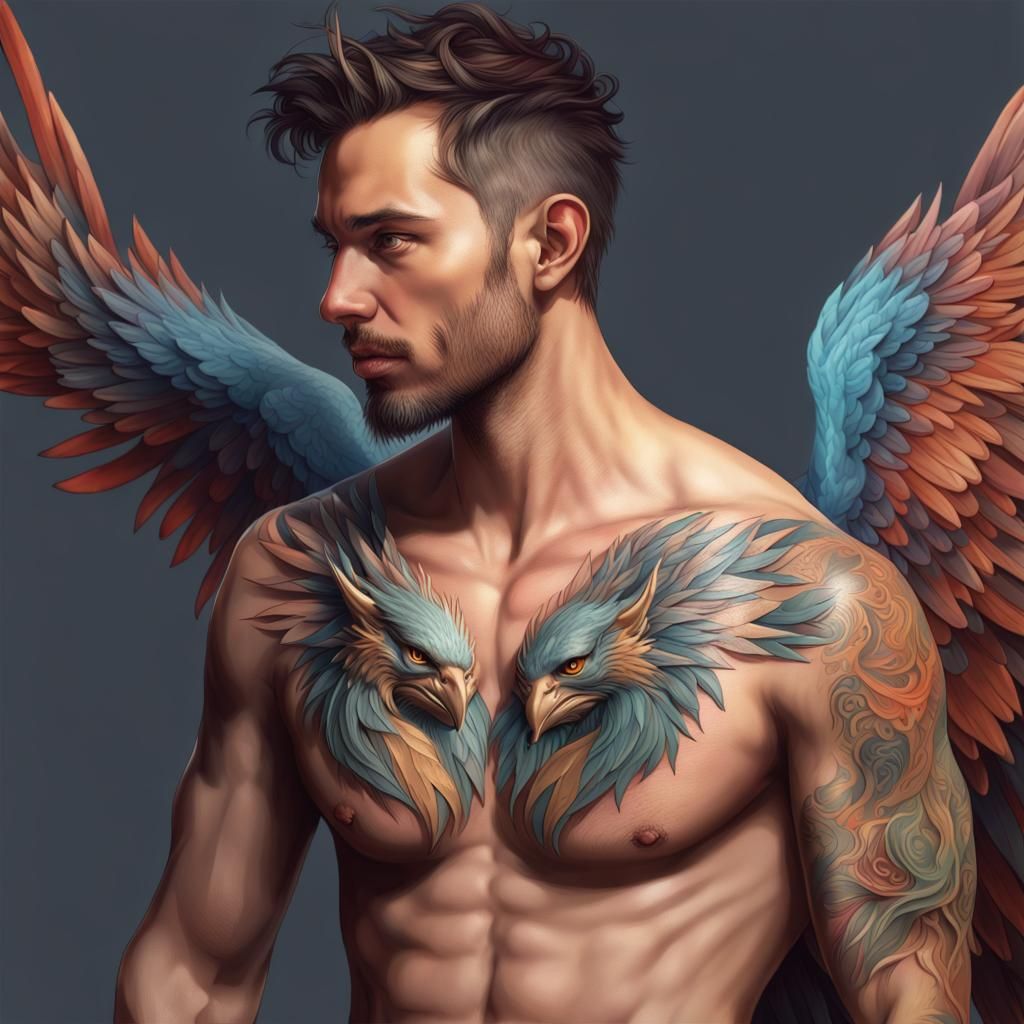 Gryphon Tattoo Chest Portrait in Hyperdetailed Digital Art