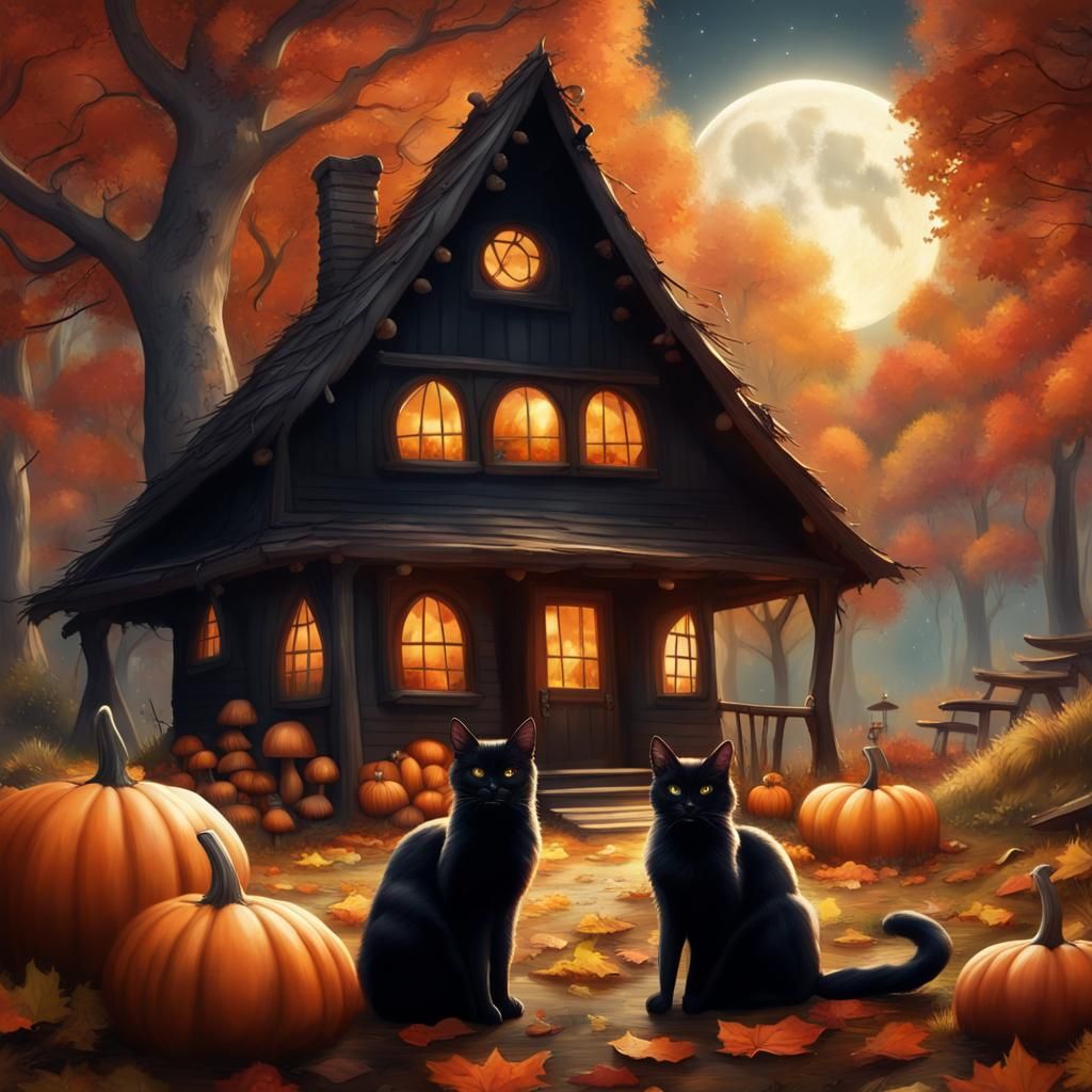 Black Cats in Autumn Fantasy Forest