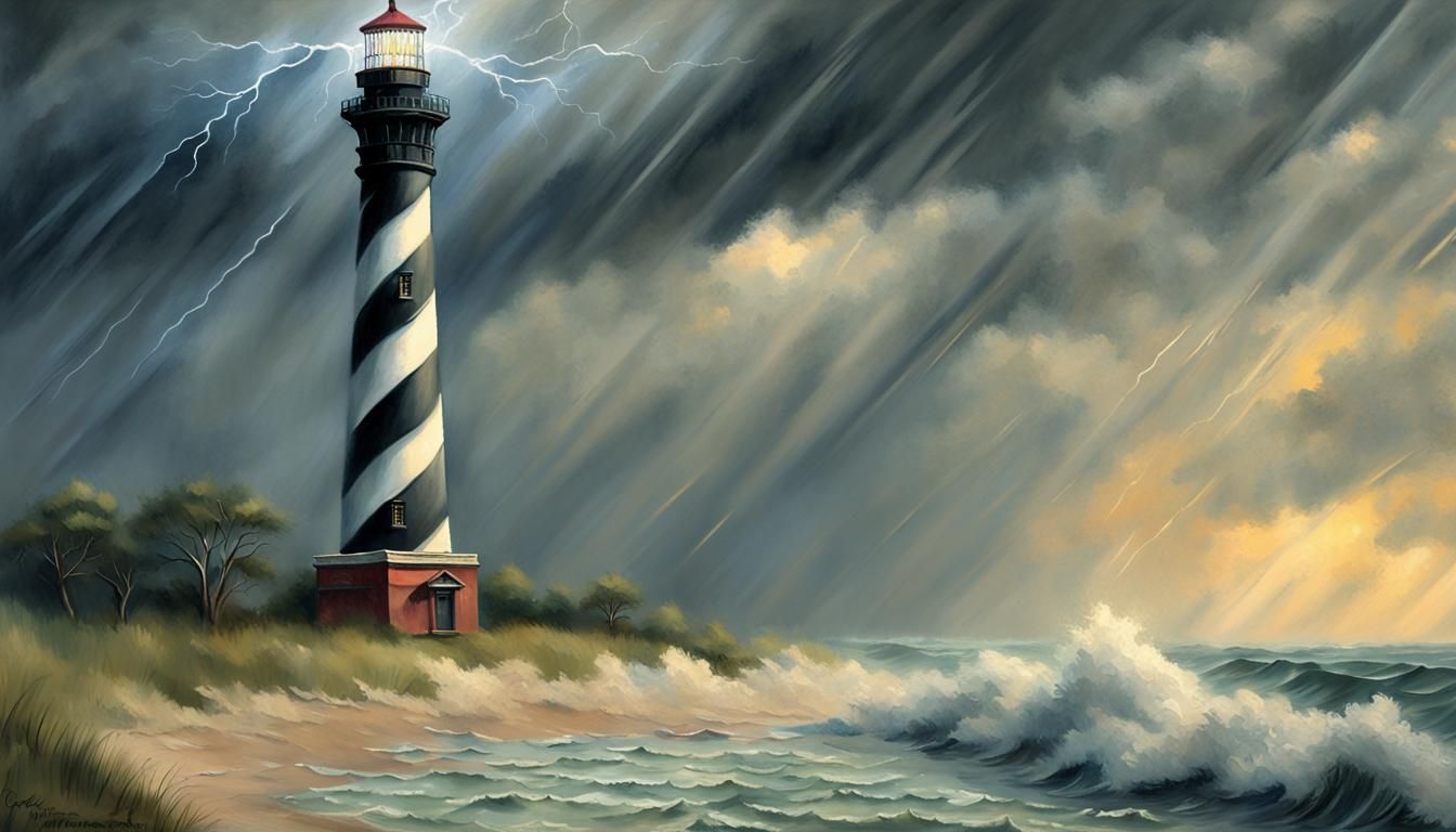 Cape Hatteras Lighthouse in Storm, Impressionist Oil Paintin...