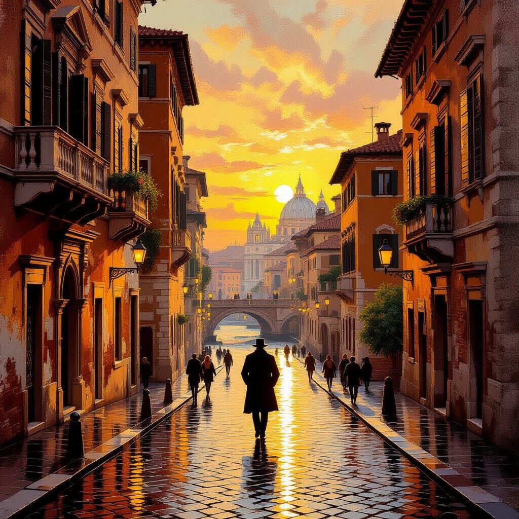 Golden Hour in Rome: Oil Painting of Ancient Streets