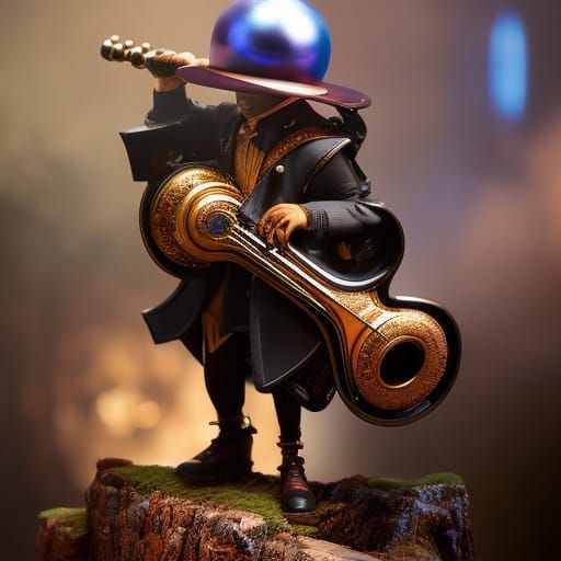 Steampunk Minstrel Figurine with Mechanical Lute