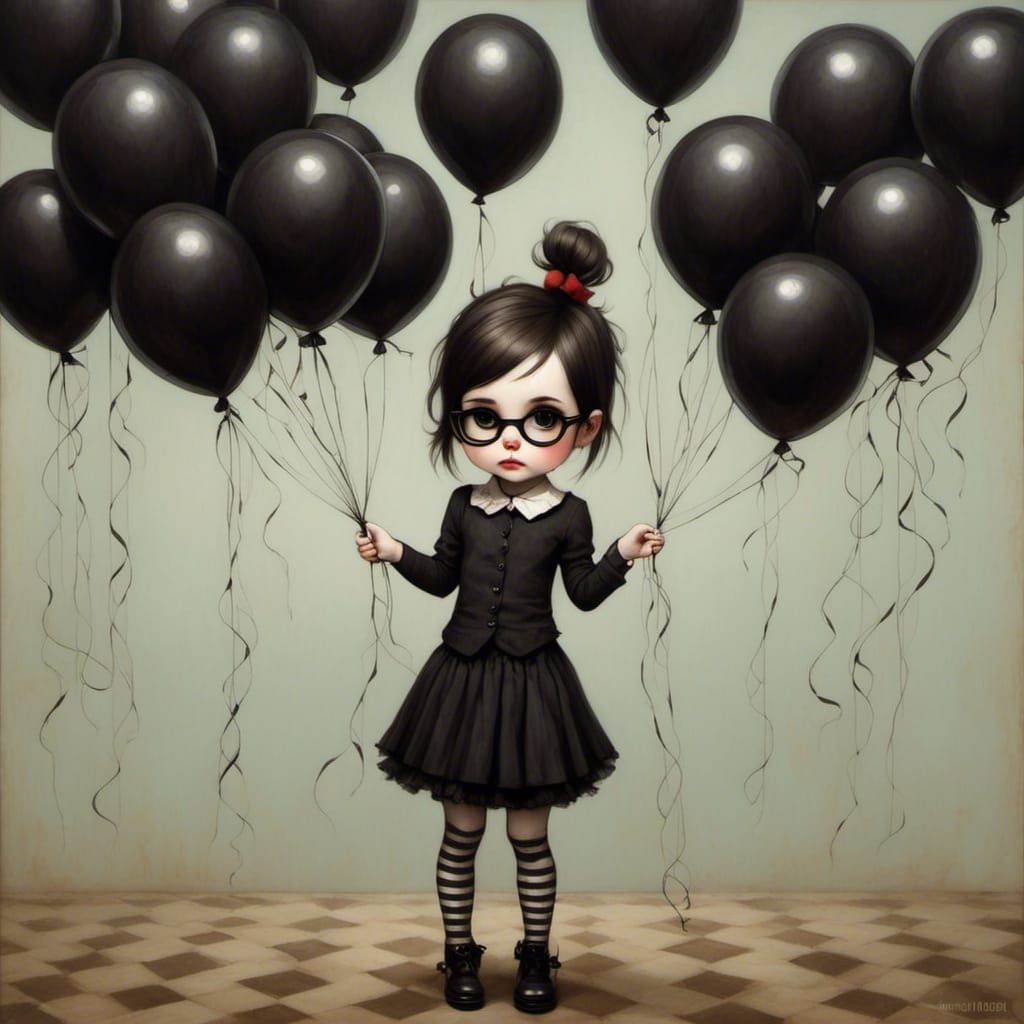 Gothic Girl with Balloons in Pop Surrealist Style