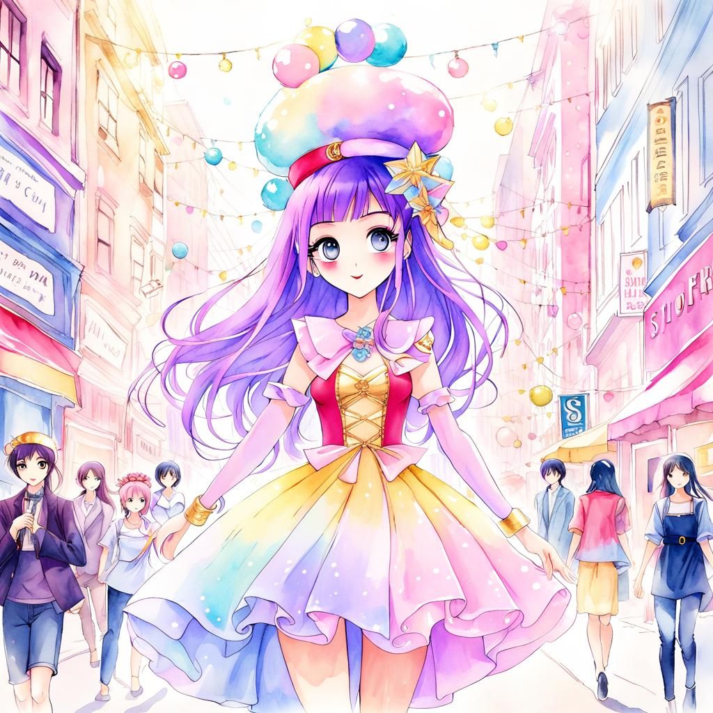 Anime Superheroine in Cityscape, Watercolor Style