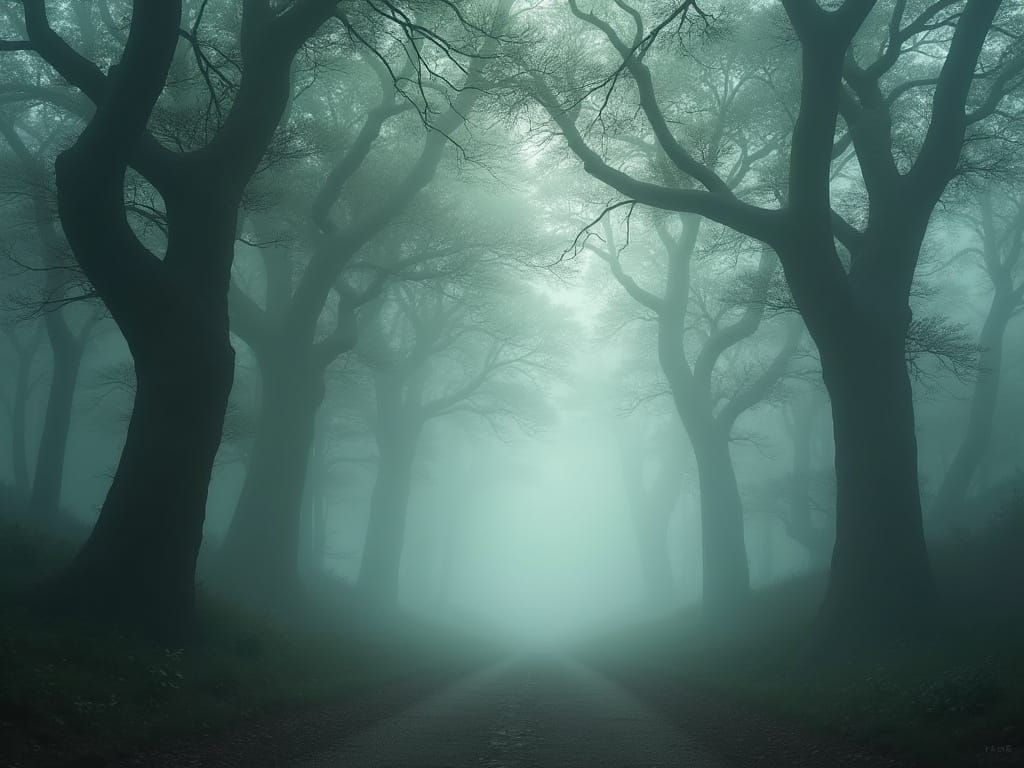 Misty Forest Path: Ancient Trees in Ethereal Fog