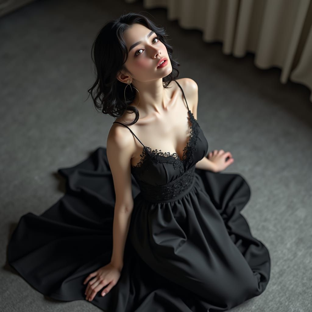 Elegant Woman Kneeling: 3D Anime Art Portrait