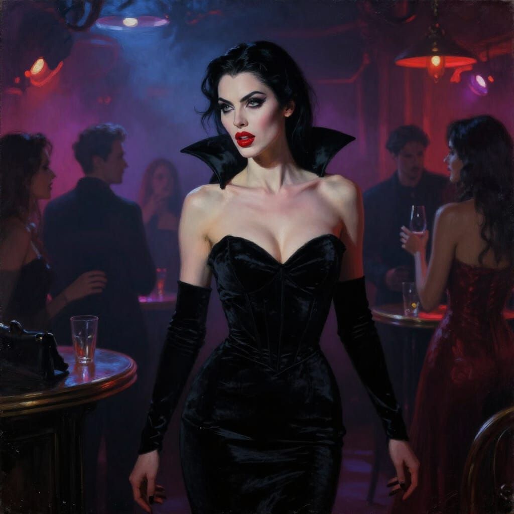 Seductive Vampire Enters Dark Nightclub in Dramatic Oil Pain...